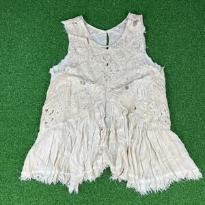 Vintage En Creme Ivory Embroidered Floral Cut Out Fringe Boho Tank Top Sz S